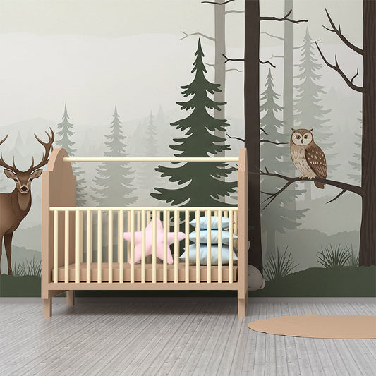 Kids-Mundo pine forest mural with a stag and owl covering a feature wall in a kids' bedroom