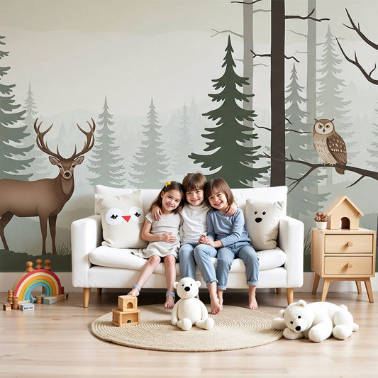 Kids-Mundo forest stag, owl and rabbit wall mural styled behind a cot in a soft green nursery