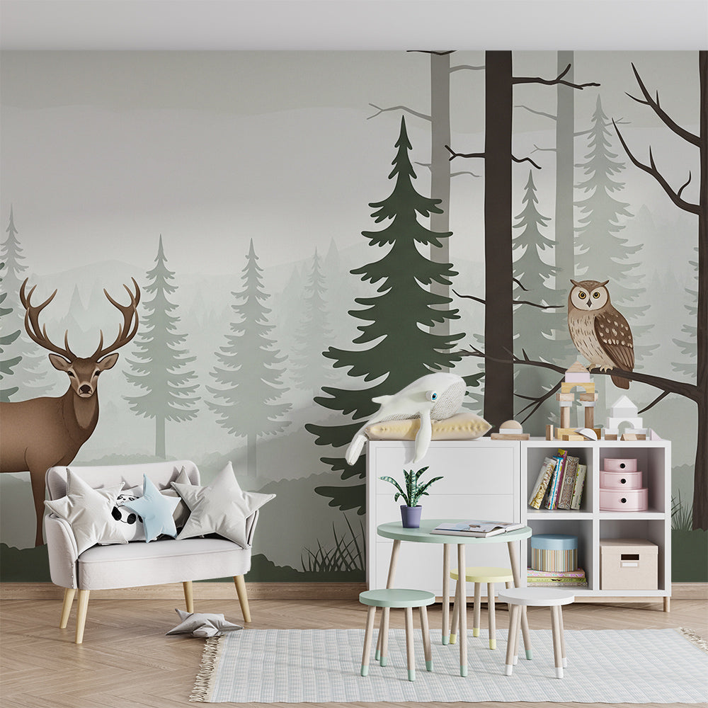 Kids-Mundo forest wall mural with a stag, owl and rabbit brightening a children's playroom
