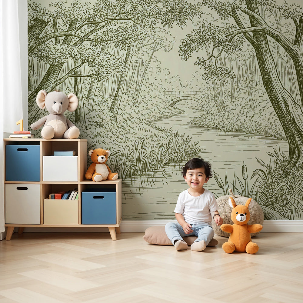 Kids-Mundo woodland stream wall mural with stone bridge in a soft, calming nursery setting