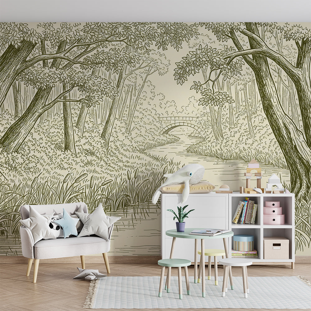 Kids-Mundo sepia forest wall mural bringing a storybook stream scene to a bright playroom