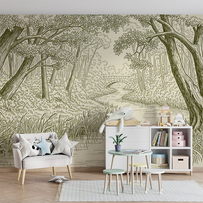 Kids-Mundo sepia forest wall mural bringing a storybook stream scene to a bright playroom