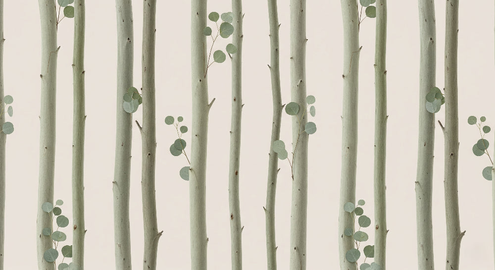 Detailed forest tree mural wallpaper design pattern showing gentle wood trunks and delicate foliage by Kids-Mundo