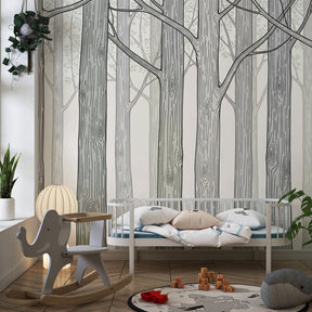 Nature-inspired forest mural wallpaper transforming kids room into woodland sanctuary
