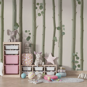 Woodland tree mural wallpaper transforming kids playroom with delicate botanical patterns by Kids-Mundo
