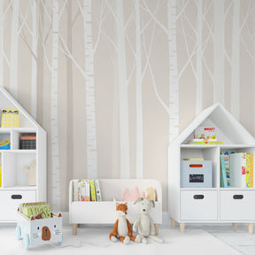 Modern forest wallpaper creating serene atmosphere in children's bedroom with natural decor