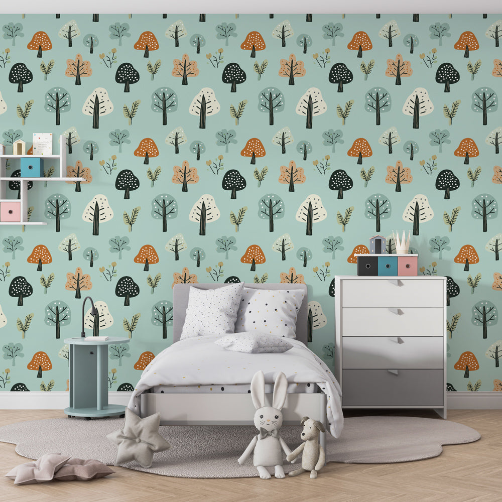 Forest themed mural wallpaper creating magical woodland atmosphere in children's bedroom
