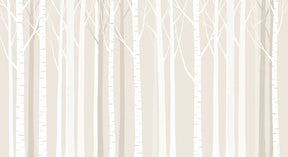 Detailed forest trees mural wallpaper design pattern showing white tree trunks on beige by Kids-Mundo
