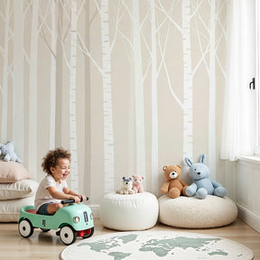 Forest trees mural wallpaper in modern nursery with white trees on beige background by Kids-Mundo