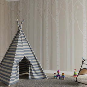 White tree silhouettes mural wallpaper transforming kids playroom into peaceful forest retreat