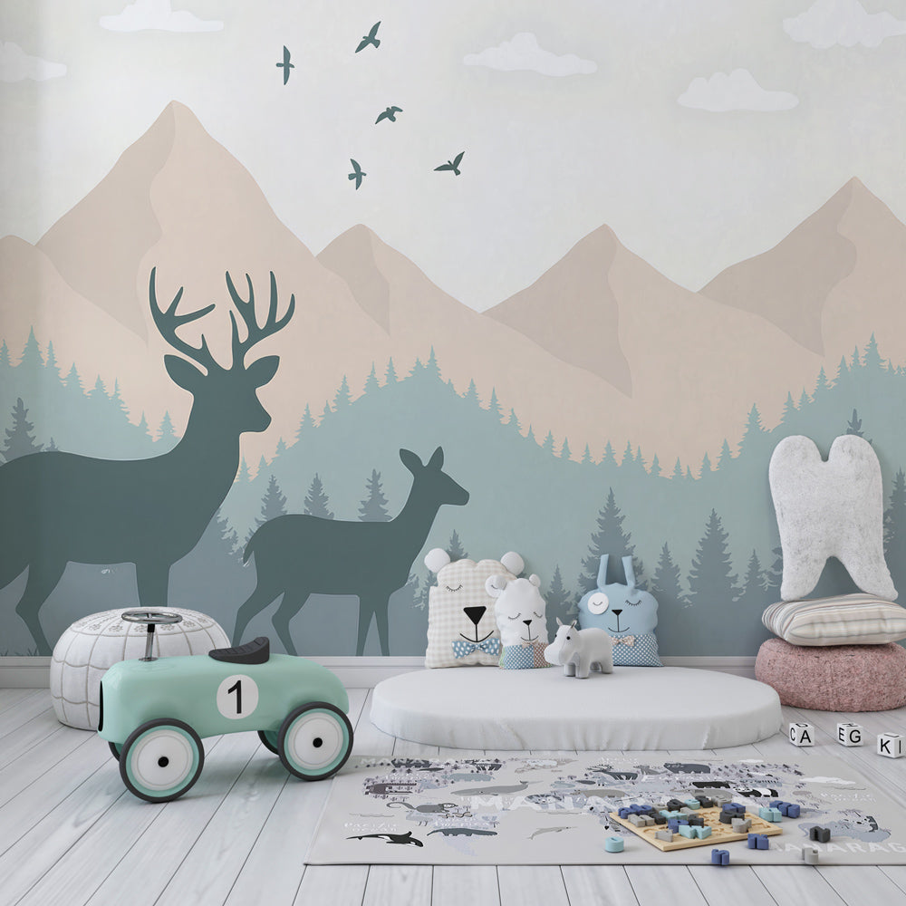 Woodland deer mural wallpaper creating calming atmosphere in children's bedroom decor