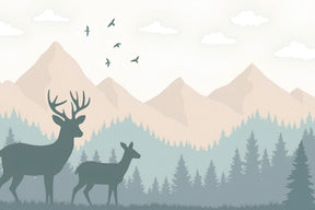 Detailed forest wildlife mural wallpaper design pattern showing deer and misty woodland scene by Kids-Mundo