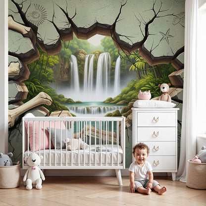 Kids-Mundo fossil crack jungle wall mural in a soft grey-green nursery
