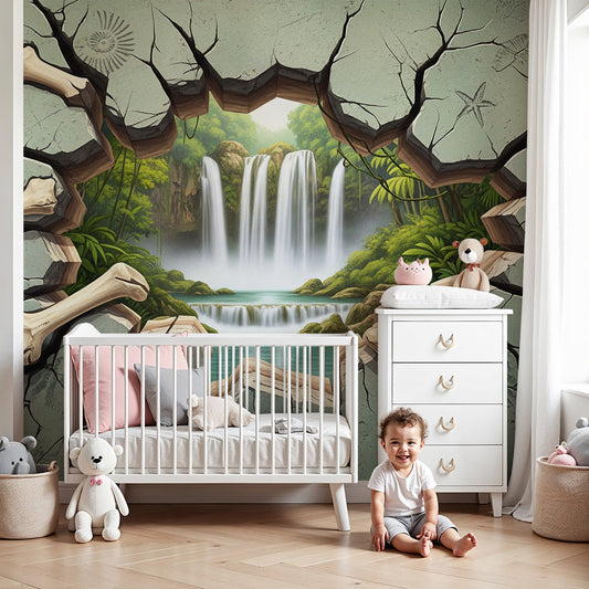 Kids-Mundo fossil crack jungle wall mural in a soft grey-green nursery