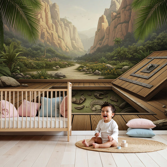 Kids-Mundo fossil dig dinosaur canyon wall mural in a warm sandy nursery