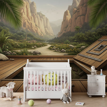 Kids-Mundo fossil expedition dinosaur mural bringing a canyon scene to a playroom