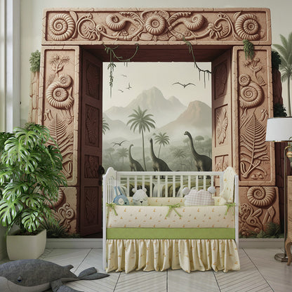 Kids-Mundo dinosaur archway wall mural covering a child's bedroom feature wall.