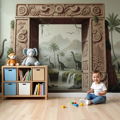 Kids-Mundo fossil stone archway dinosaur mural styled in a calm, sunlit nursery corner.