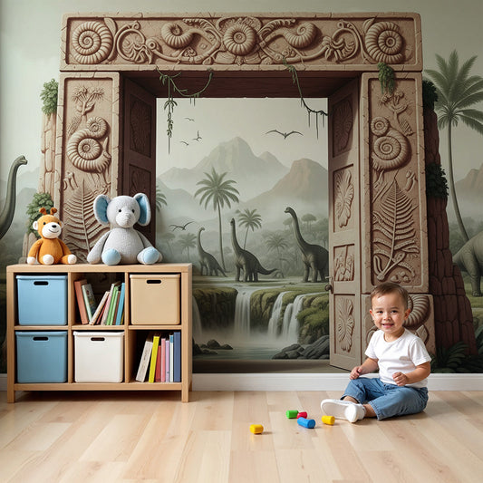 Kids-Mundo fossil stone archway dinosaur mural styled in a calm, sunlit nursery corner.