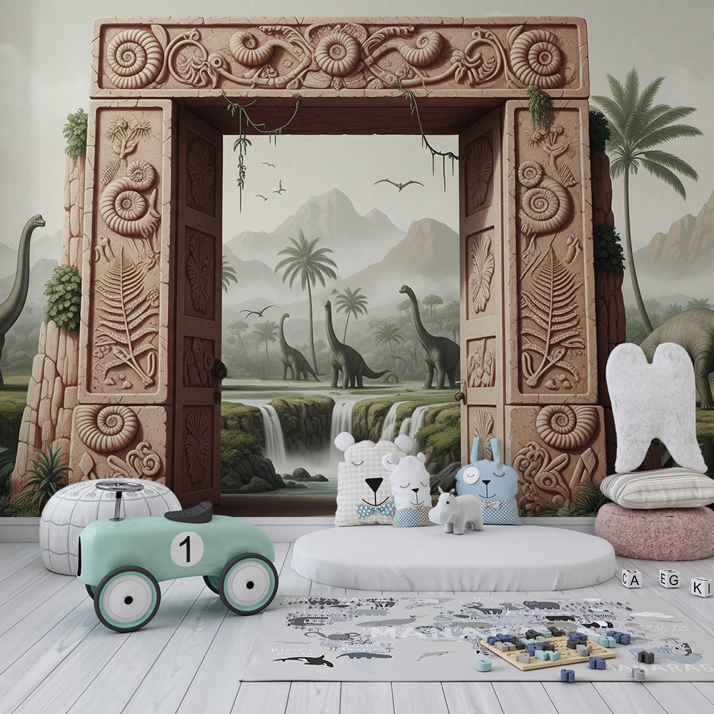Kids-Mundo stone archway dinosaur mural bringing jungle adventure to a playroom wall.