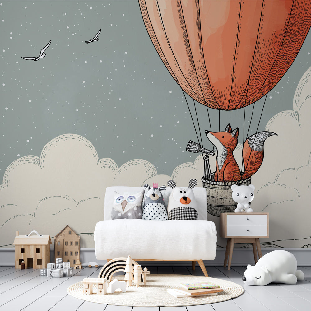 Hot air balloon fox wallpaper creating magical atmosphere in children's bedroom