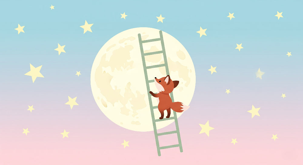 Detailed fox explorer climbing to moon mural wallpaper design pattern with starry sky by Kids-Mundo