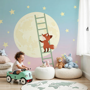 Fox adventure mural wallpaper creating magical starry night atmosphere in children's bedroom by Kids-Mundo