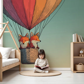 Fox adventure mural wallpaper with hot air balloon design in bright modern nursery by Kids-Mundo