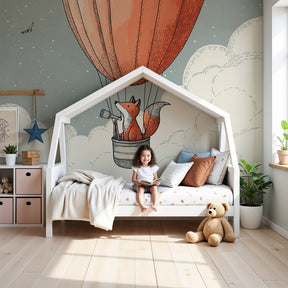 Fox adventure mural wallpaper with hot air balloon in modern nursery room by Kids-Mundo