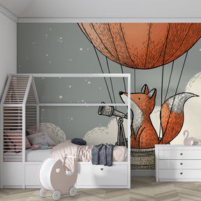 Hot air balloon fox mural wallpaper inspiring imagination in kids playroom setting