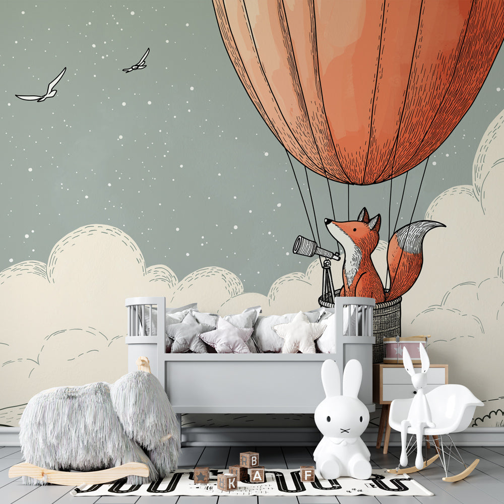 Adventure-themed fox wallpaper transforming kids playroom into sky exploration zone