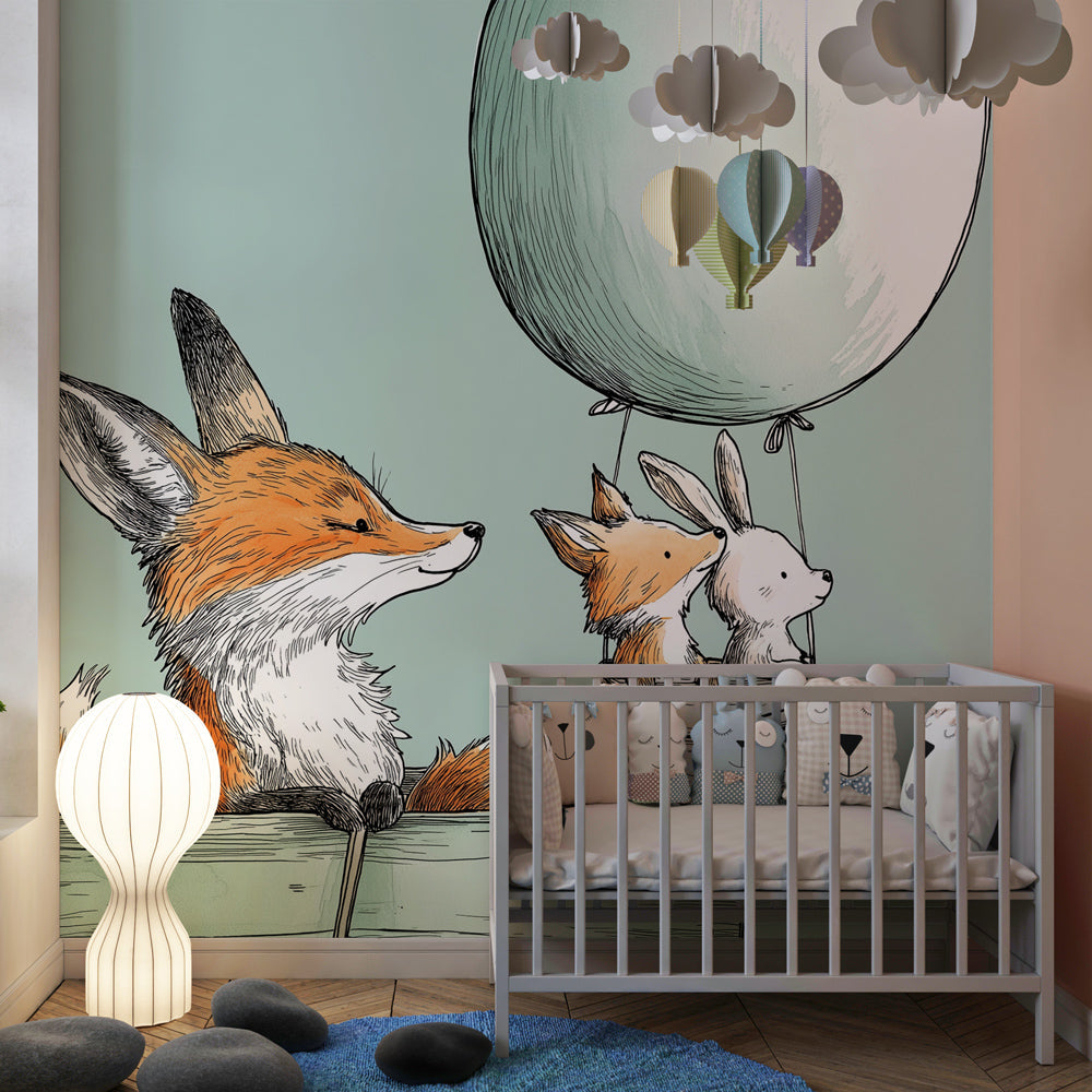 Pastel fox adventure mural wallpaper transforming children's playroom with woodland charm