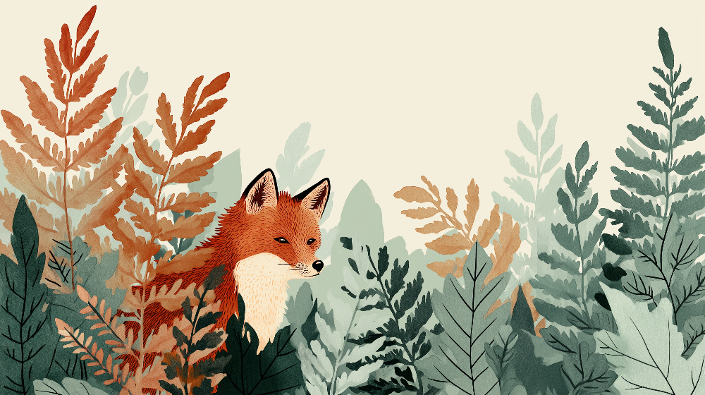 Kids-Mundo flat artwork of a fox peeking through hand-painted autumn ferns illustration
