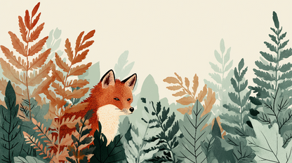 Kids-Mundo flat artwork of a fox peeking through hand-painted autumn ferns illustration