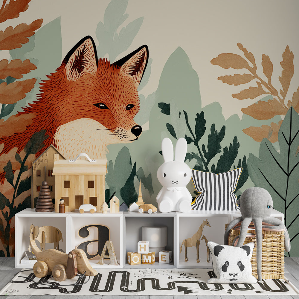 Kids-Mundo autumn fox and ferns wall mural bringing woodland colour to a children's playroom