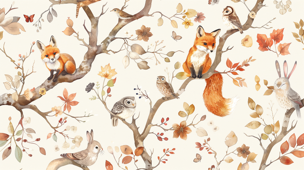Fox and Owl Branch Pattern Wall Mural