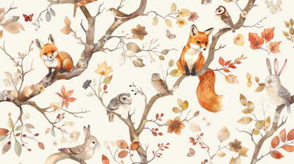 Kids-Mundo flat artwork of a fox, two owls, a rabbit and butterflies on branches with autumn leaves.