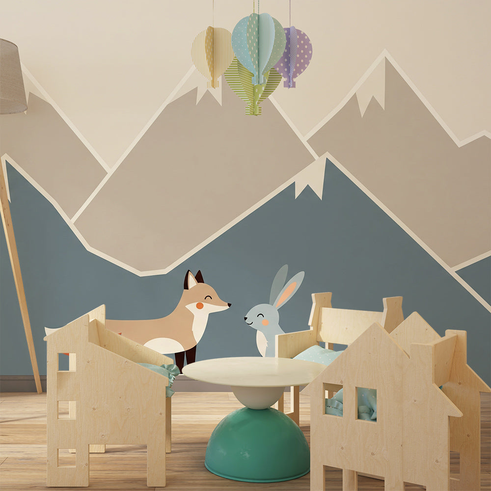Kids-Mundo fox and rabbit mural styled on a dusty-blue kids bedroom wall