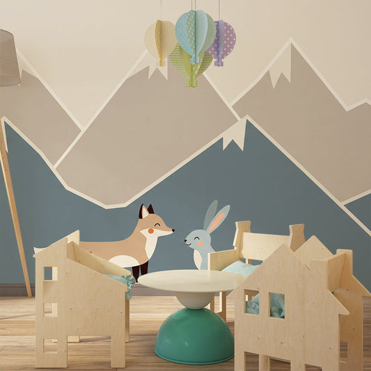 Kids-Mundo fox and rabbit mural styled on a dusty-blue kids bedroom wall