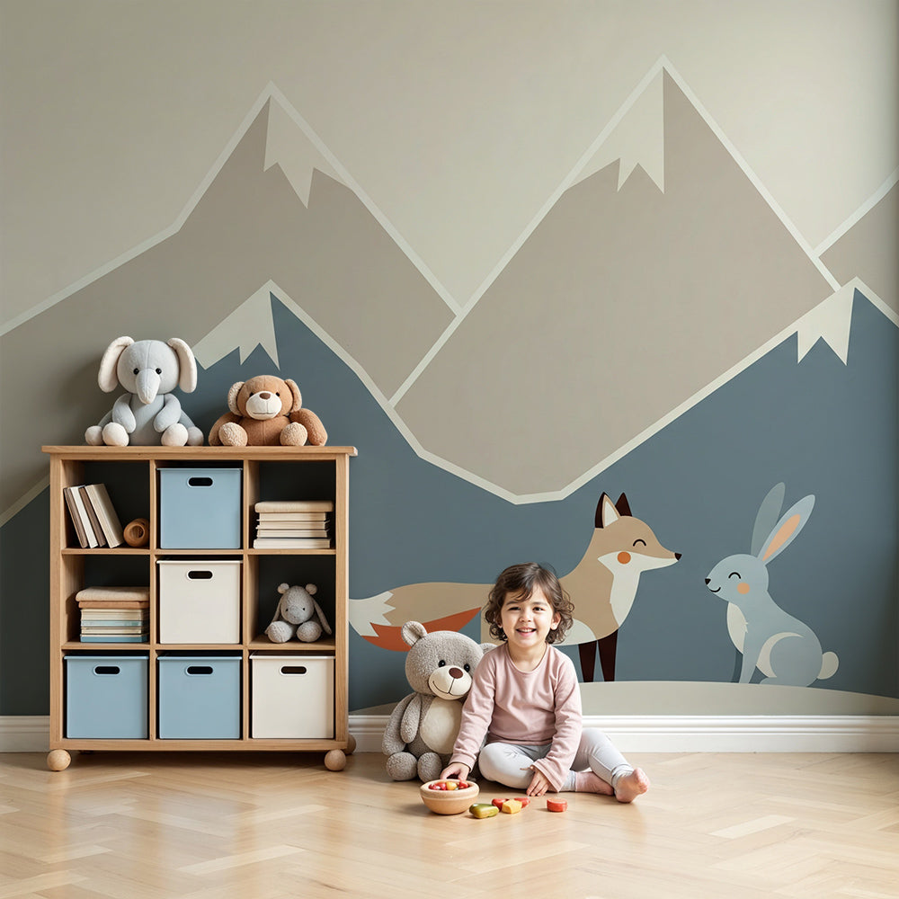 Kids-Mundo fox and rabbit mountain wall mural styled in a soft, cosy nursery