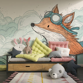 Adventure fox pilot wallpaper creating magical children's bedroom atmosphere with clouds