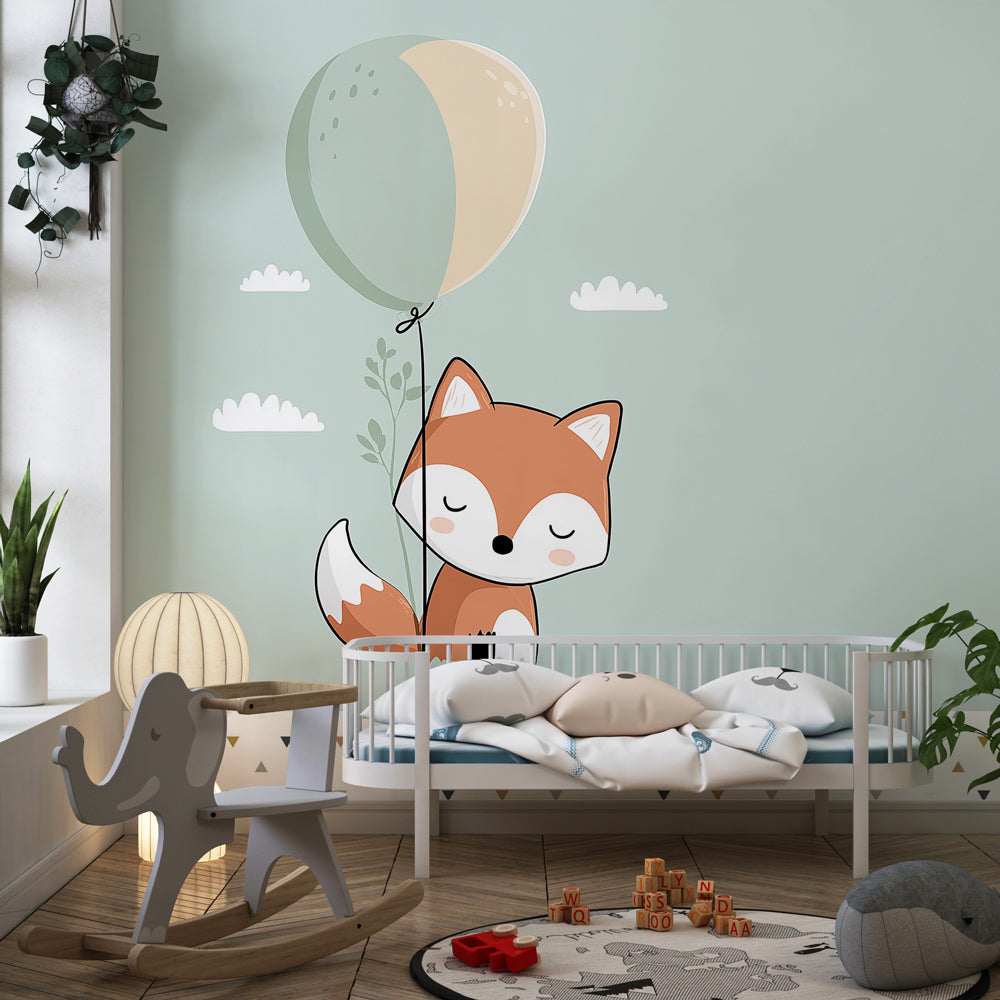 Playful fox with balloon wallpaper decorating modern baby room with wooden furniture