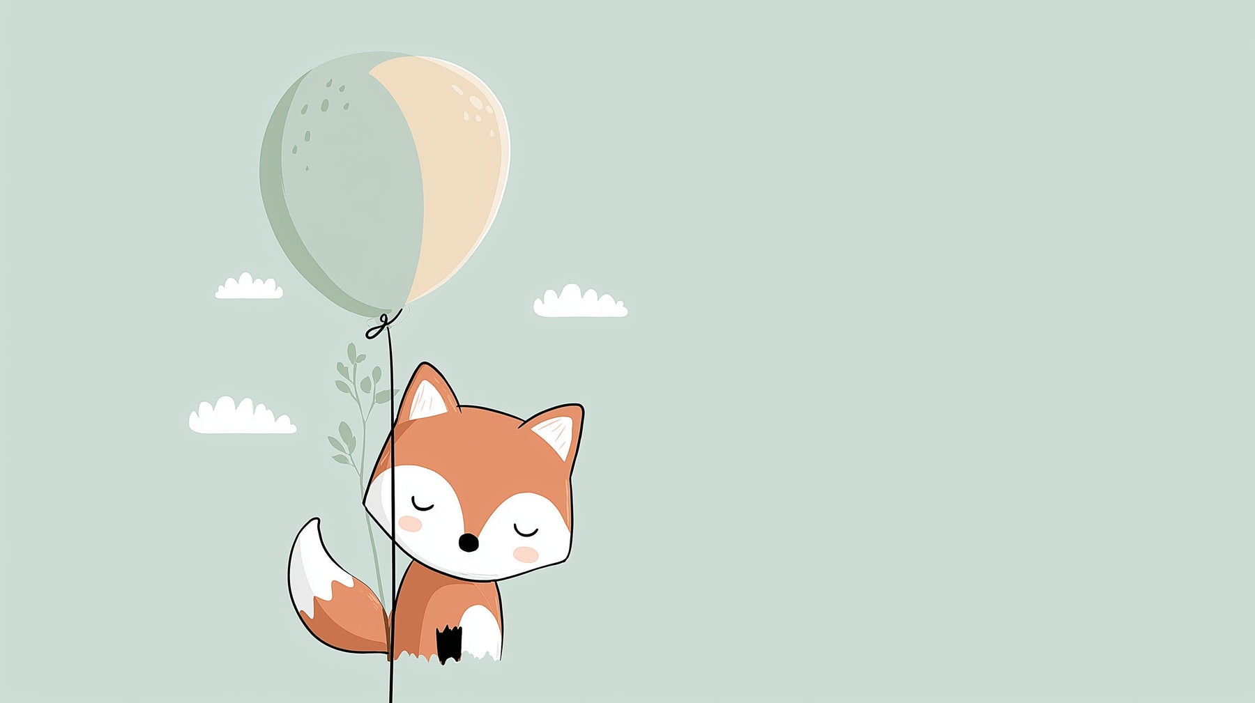 Detailed fox holding balloon mural wallpaper design pattern with soft green background by Kids-Mundo