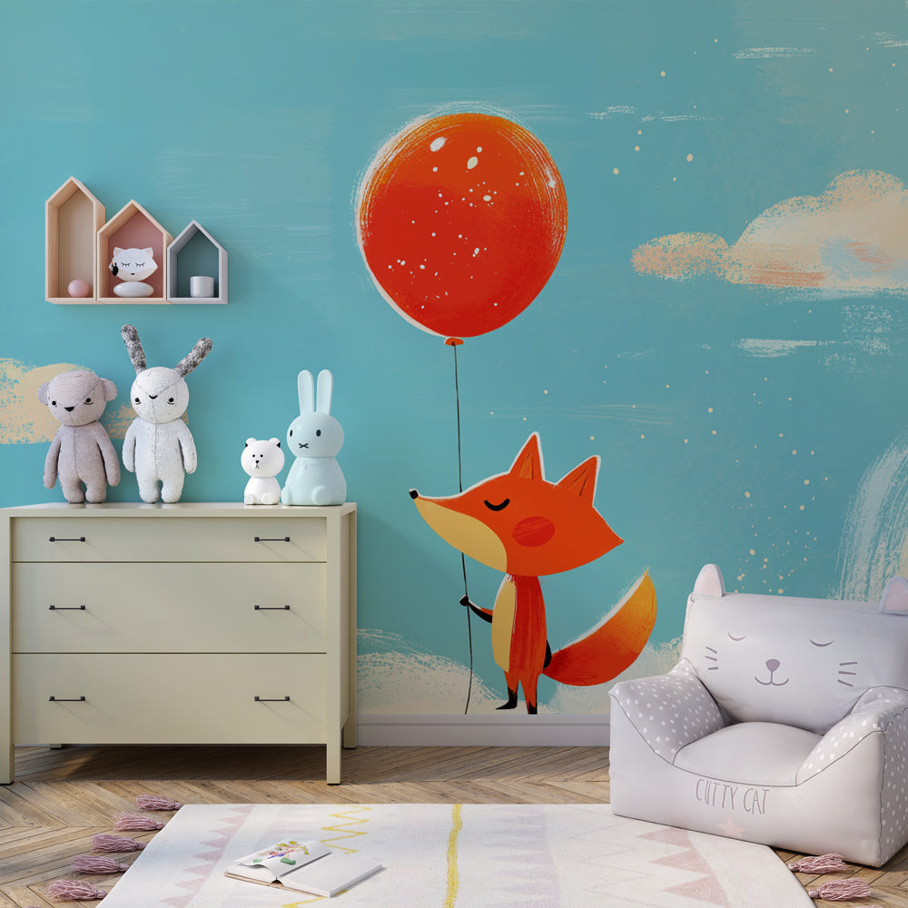Dreamy fox and balloon wallpaper creating magical atmosphere in children's bedroom decor
