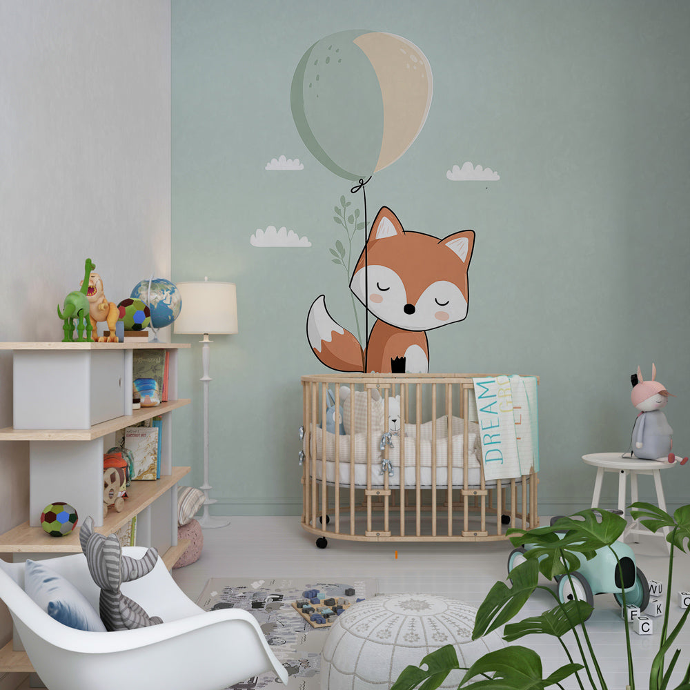 Animal themed fox balloon wallpaper transforming toddler bedroom into magical play space