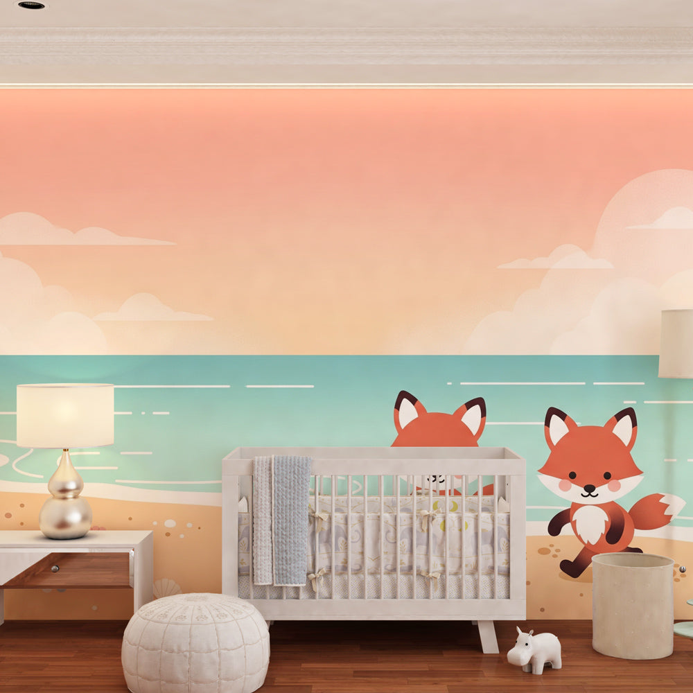 Playful fox seaside wallpaper creating peaceful atmosphere in kids bedroom