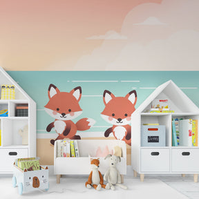 Beach themed fox mural wallpaper with natural wood furniture in children's room