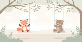 Detailed fox and bear swinging animals mural wallpaper design pattern by Kids-Mundo
