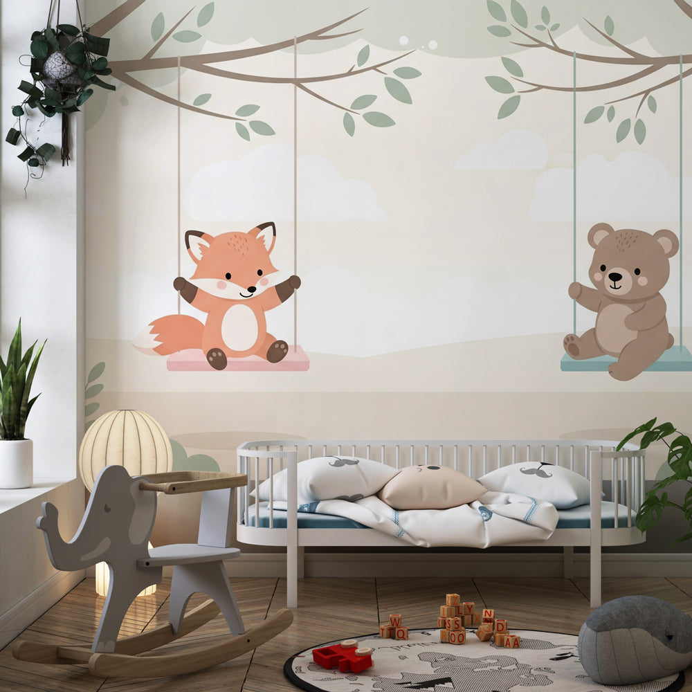 Woodland animal wallpaper featuring foxes and bears for children's bedroom decor