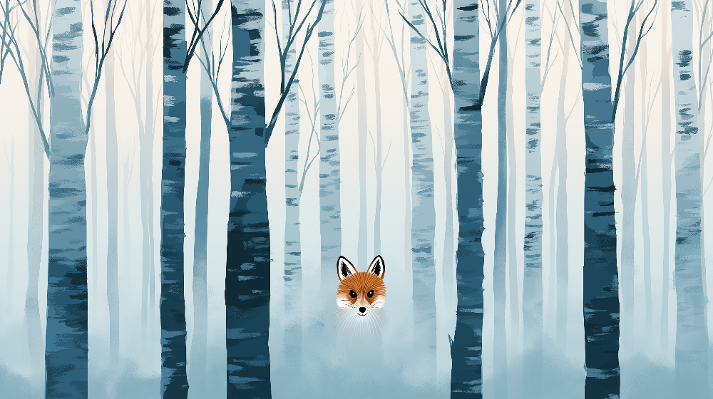 Fox in a Misty Blue Birch Forest Wall Mural